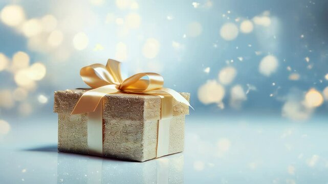 Golden gift present on a light blue background with colorful bokeh and stars glittering