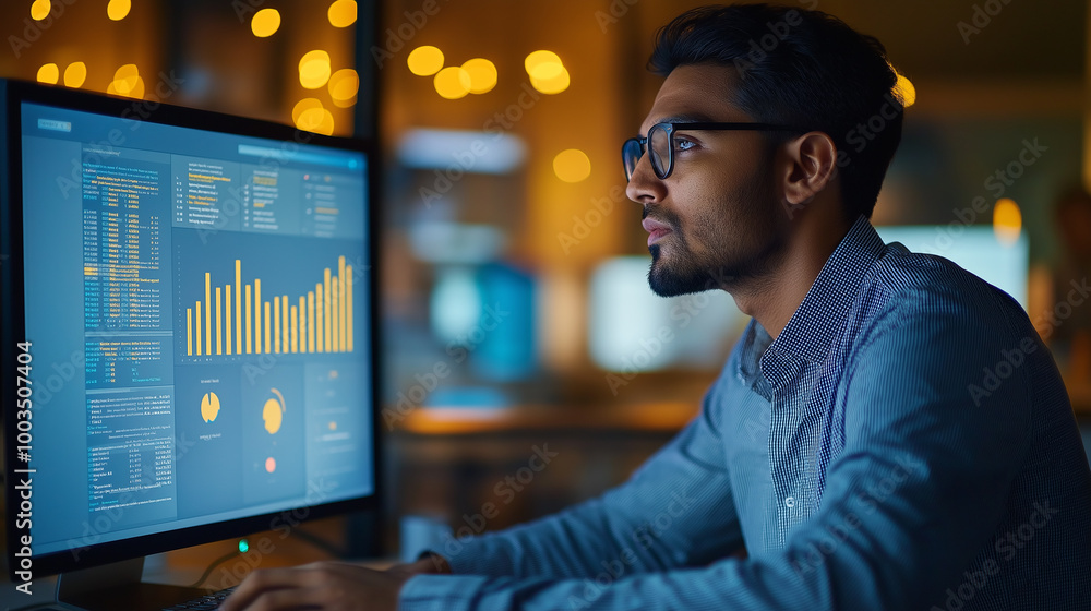 Fototapete Pensive software developer working late on computer with code and charts displayed on screen