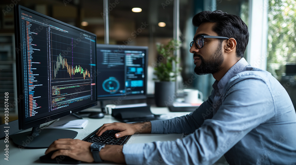 Aufkleber Computer programmer analyzing code and graphs on computer screens