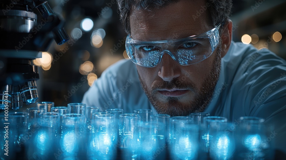 Poster a scientist analyzes glowing test tubes in a laboratory setting during a research experiment at nigh