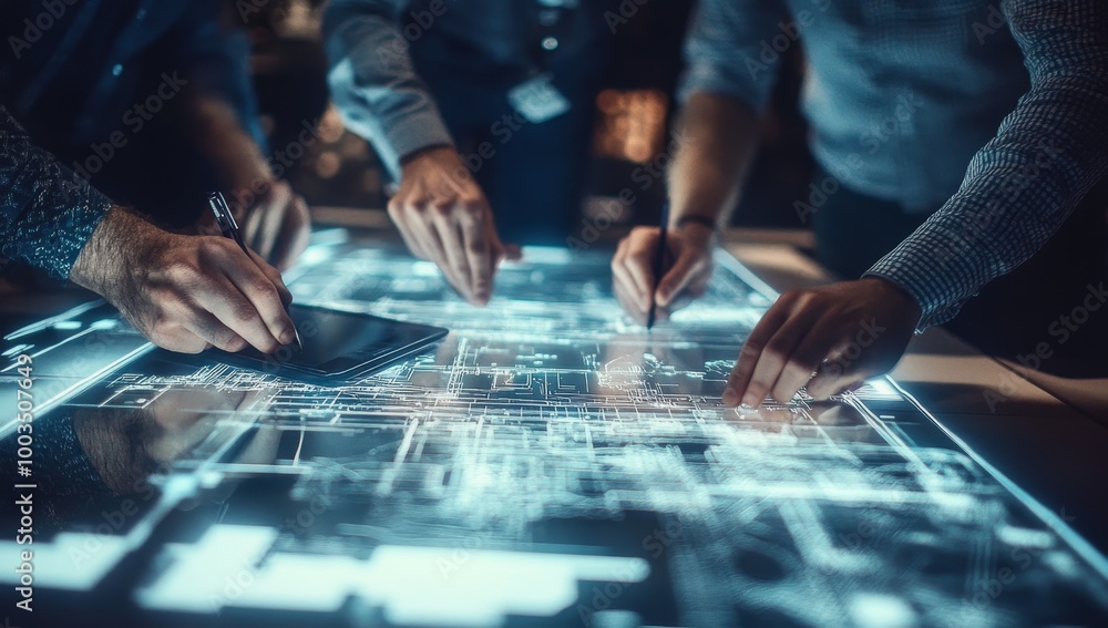 Aufkleber Business team working together on a futuristic digital interface, using their hands and a stylus to navigate through data and information.