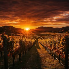 Naklejka premium Golden sunset over rolling vineyards, with rows of grapevines stretching across the landscape.