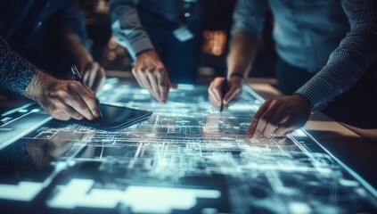 Business team working together on a futuristic digital interface, using their hands and a stylus to navigate through data and information.