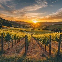 Fototapeta premium Golden sunset over rolling vineyards, with rows of grapevines stretching across the landscape.