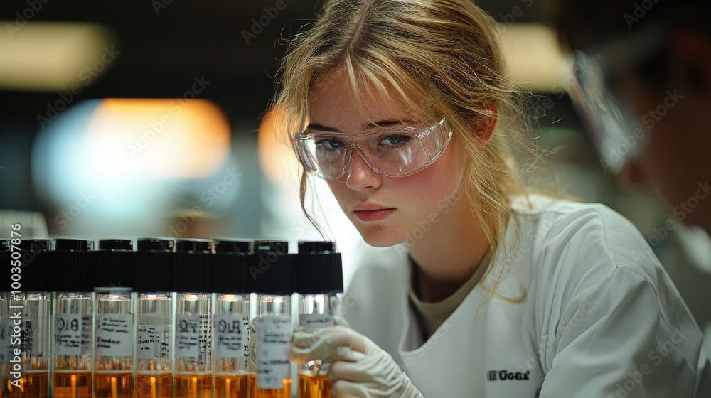 Poster young scientist analyzing samples in a laboratory setting during daylight hours