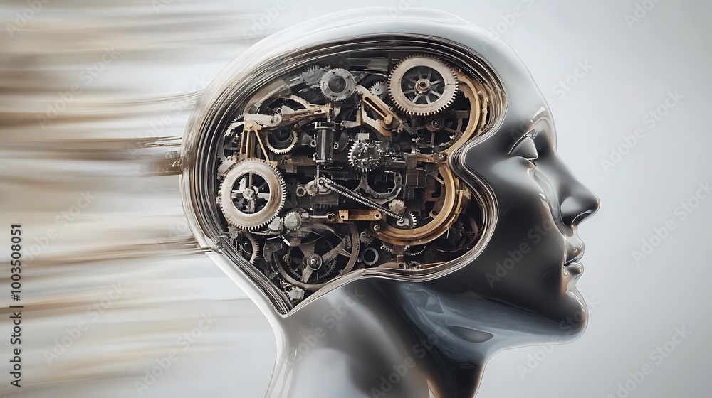 Poster a metallic human head with its brain exposed, showing intricate gears and cogs, symbolizing artifici