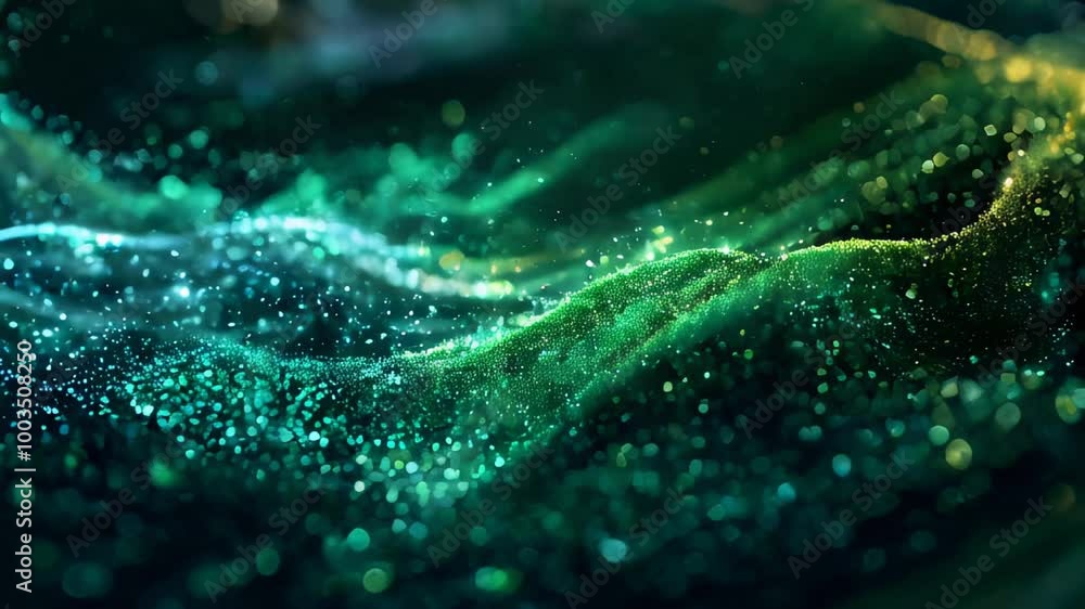Poster teal and green abstract waves with digital particles flowing through cyber space, illustrating data 