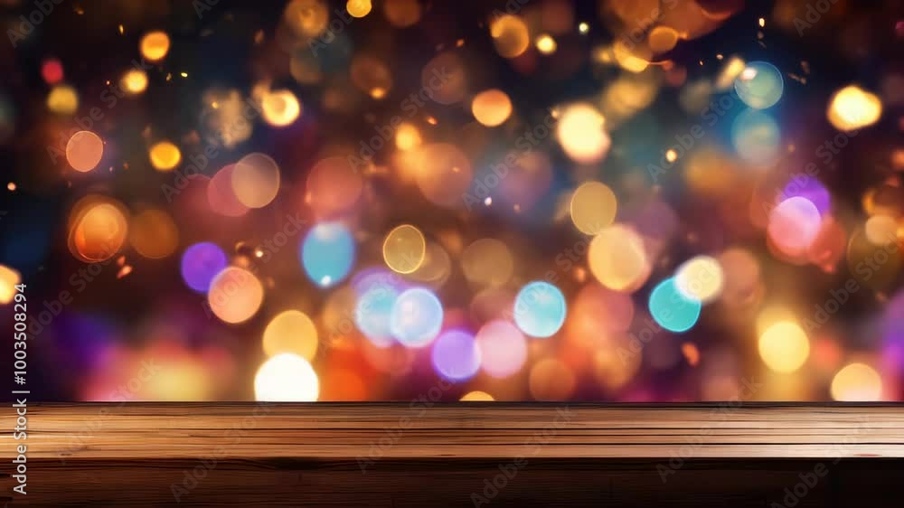 Poster wooden table in front of abstract blurred bokeh lights background