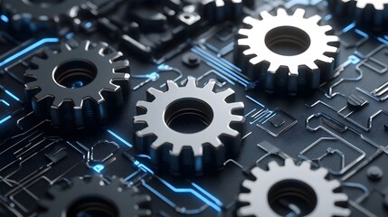 Closeup of Metallic Gears on Circuit Board with Blue Light