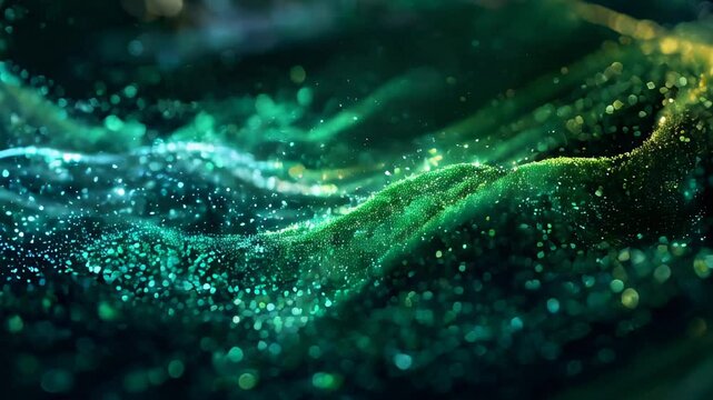 Teal and green abstract waves with digital particles flowing through cyber space, illustrating data movement and connectivity.