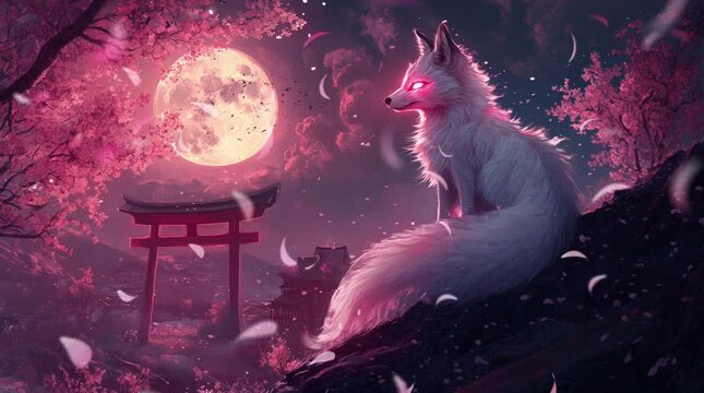 A pensive fox with a torii gate in the background at night. Virtual 4K video animation background with looping time lapse with very smooth graphics.