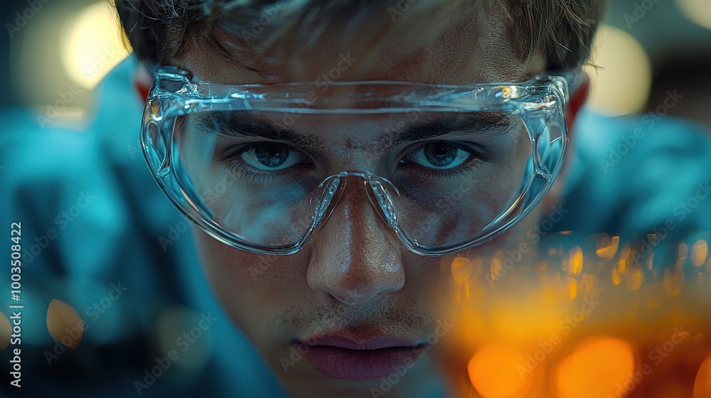 Poster young scientist in protective goggles focuses intently on a colorful experiment in a laboratory sett
