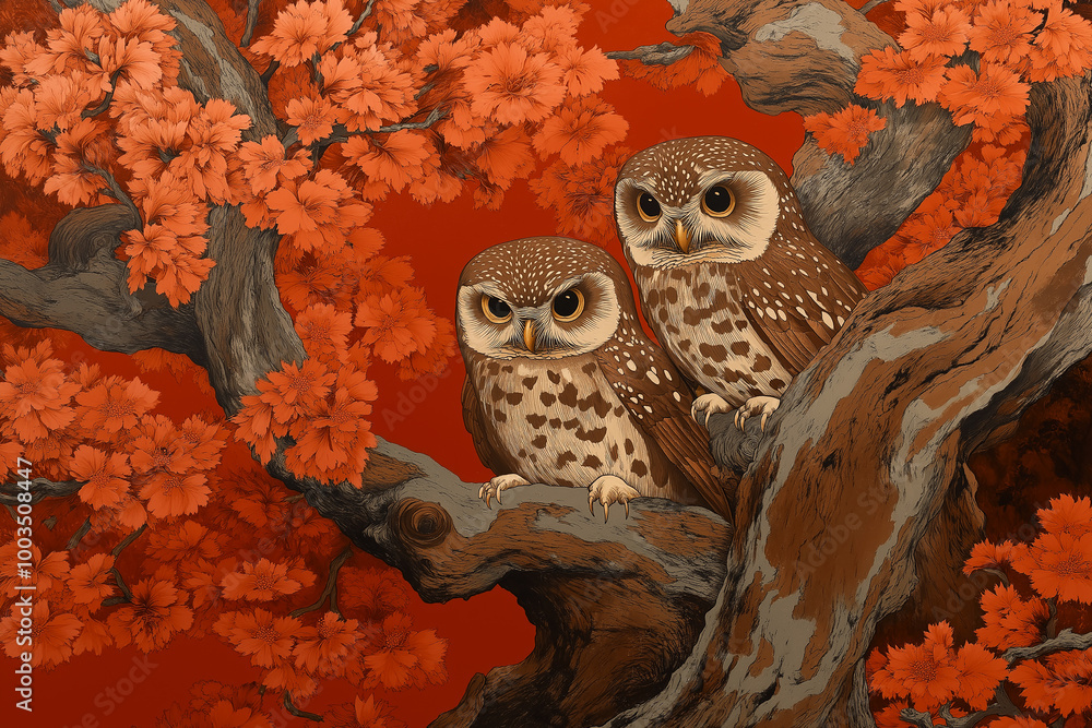 Poster Two owls perched on branch with red autumn leaves