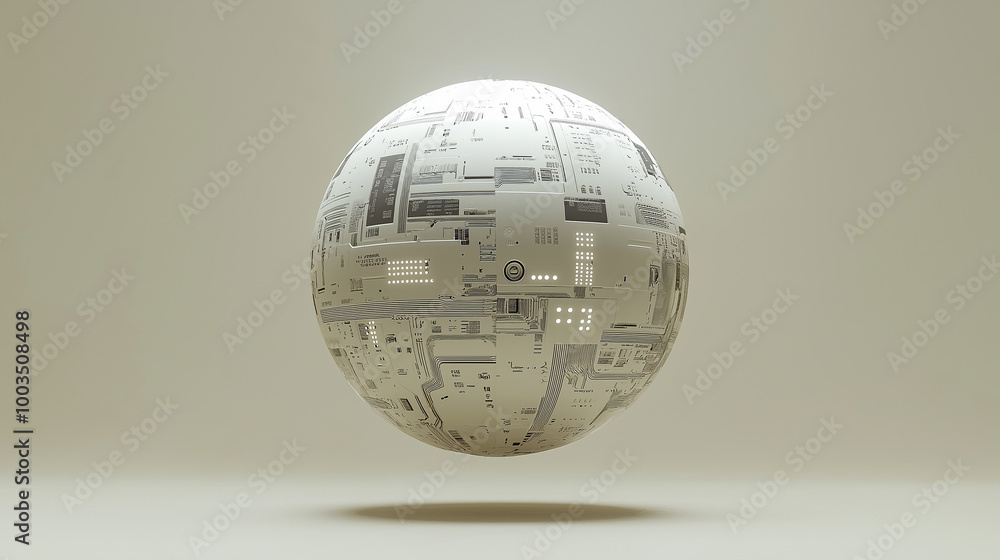 Poster White futuristic sphere floating over white surface with circuit design