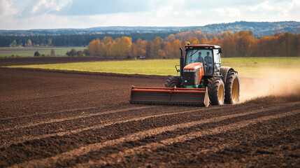 Obraz premium Farmer driving tractor plowing farmland in autumn preparing soil for seeding