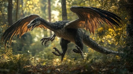 A feathered dinosaur with large wings flies through a forest.