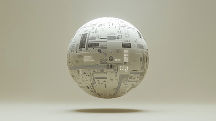 White futuristic sphere floating over white surface with circuit design