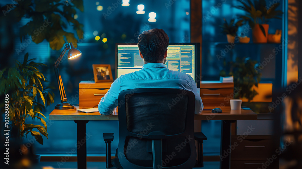 Poster Software developer writing code on computer in office at night
