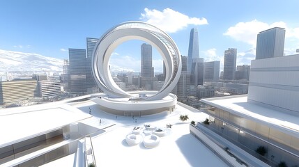 Futuristic Cityscape with Modern Architecture and Circular Building