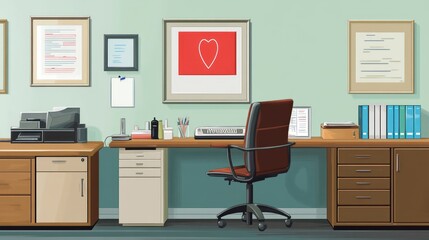A tidy office workspace featuring a desk, chair, printer, and decorative artwork.