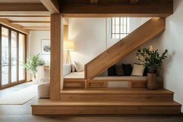 Wooden staircase with built-in seating and storage under the stairs, interior design, modern home.