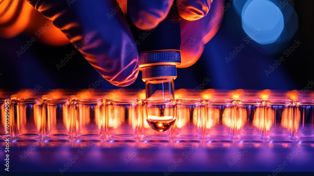 Poster laboratory technician handling a glass vial with liquid in a testing environment illuminated by vibr