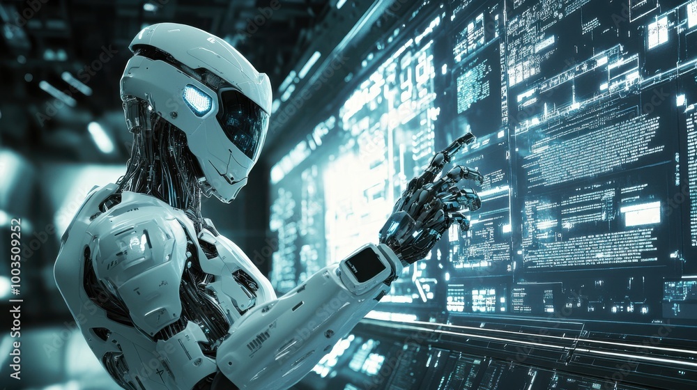 Poster a humanoid cyborg with a bionic hand standing in front of a massive futuristic ai supercomputer,