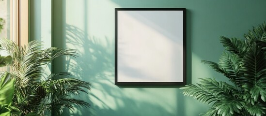 A blank picture frame on a mint green wall, flanked by two potted palm plants with sunbeams casting shadows on the wall.