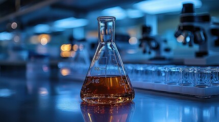 Laboratory setup featuring a flask filled with orange liquid surrounded by scientific equipment during evening hours