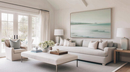 Fototapeta premium Minimalist Coastal Living Room Interior with Soft Neutral Tones and Ocean View
