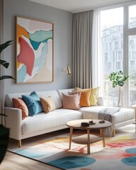 Modern living room with white sofa, colorful pillows, abstract artwork, and a wooden coffee table on a colorful rug.