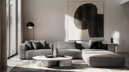 Contemporary living room featuring a sleek grey sectional sofa, paired with a marble coffee table and abstract black-and-white artwork. interior design idea 
