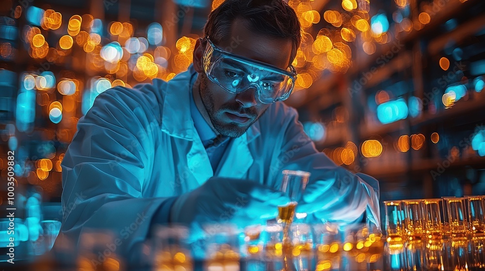 Poster a scientist in a laboratory carefully analyzing samples during twilight hours, surrounded by glowing
