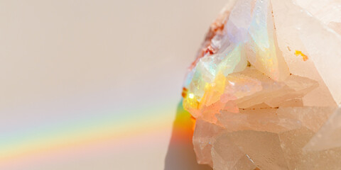 Luminous Quartz with Rainbow Flares. Sun's rays interact with quartz stone, iridescent rainbow...
