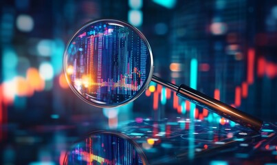 A magnifying glass magnifies a digital data chart with blue, red, and yellow elements against a blurry background.