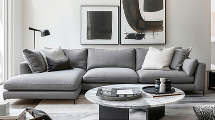 Contemporary living room featuring a sleek grey sectional sofa, paired with a marble coffee table and abstract black-and-white artwork. interior design idea 