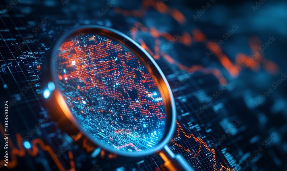 Poster Close-up of a magnifying glass over a digital display with glowing data, highlighting red and blue data points.
