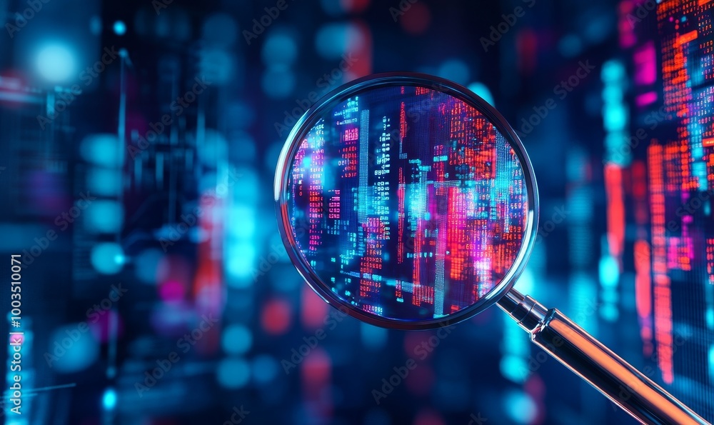 Aufkleber Close up of a magnifying glass revealing glowing red and blue binary code on a dark background.