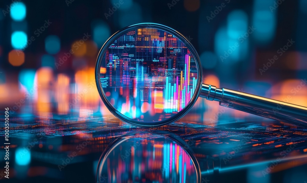 Poster magnifying glass revealing colorful data and charts in a futuristic digital environment.