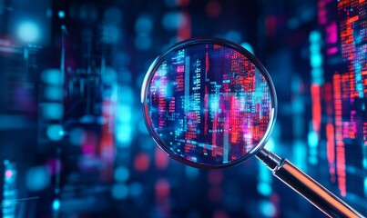 Close up of a magnifying glass revealing glowing red and blue binary code on a dark background.
