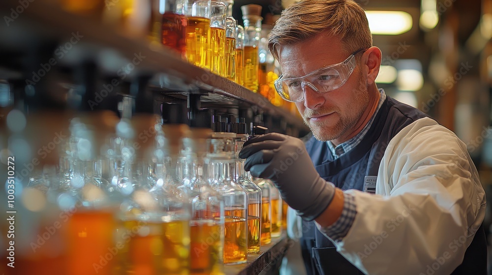 Poster scientist analyzing liquid samples in a laboratory setting during a research activity focused on che