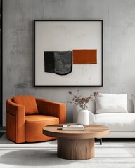 Minimalist living room interior design with a modern orange armchair, wooden coffee table and white couch against a concrete wall.