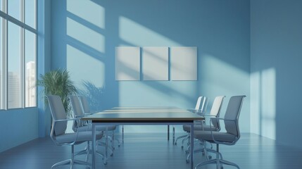 Office interior with meeting table and chairs, ceo desk near window. Mockup wall