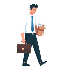 Fired dismissed sad office worker leaving with box after job loss. Man employee quitting. Unemployed jobless person. Layoff, dismissal concept. Flat vector illustration isolated on white background