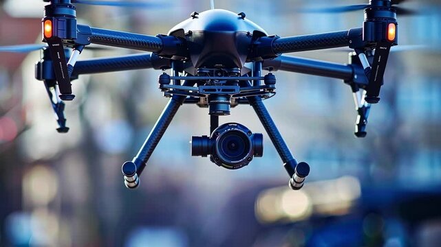 Surveillance drone with a high definition camera is hovering in the air, capturing footage of the cityscape below for security purposes