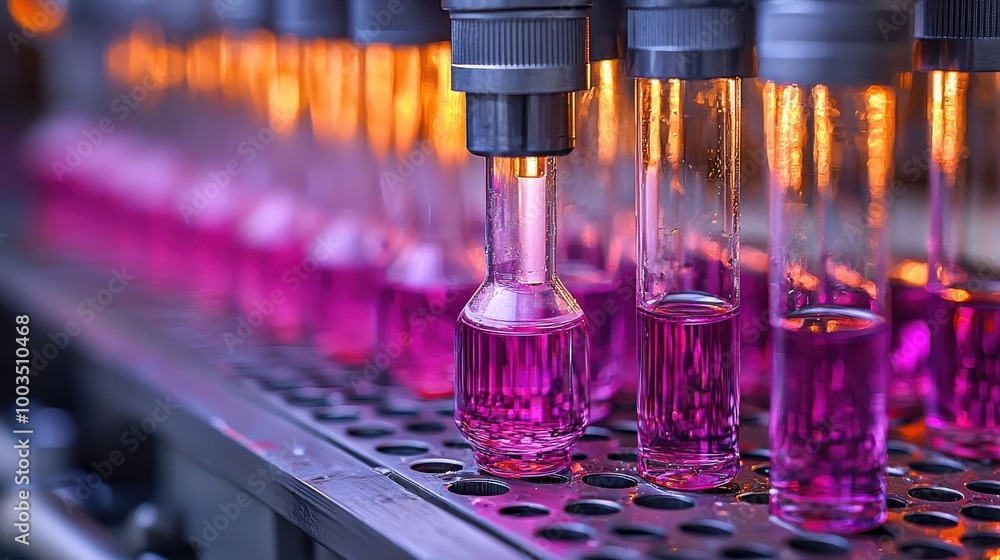 Poster colorful liquid in test tubes being processed in a laboratory during a science experiment or analysi