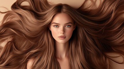 Obraz premium A woman with long brown hair is shown in a close up. The hair is long and flowing, and the woman has a beautiful smile. Concept of confidence and elegance