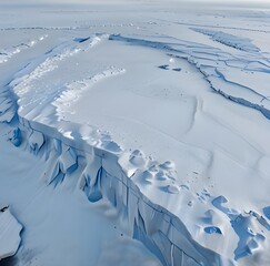 Snow Covered Antarctic Surface Aerial View Flight. South Pole Ice Landscape. Winter Frozen Ground Continent Snowy Frost Rock Epic Drone Fly