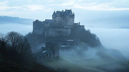 Fototapeta premium Historic European castle perched on a hill overlooking the surrounding landscape, with a misty valley below.