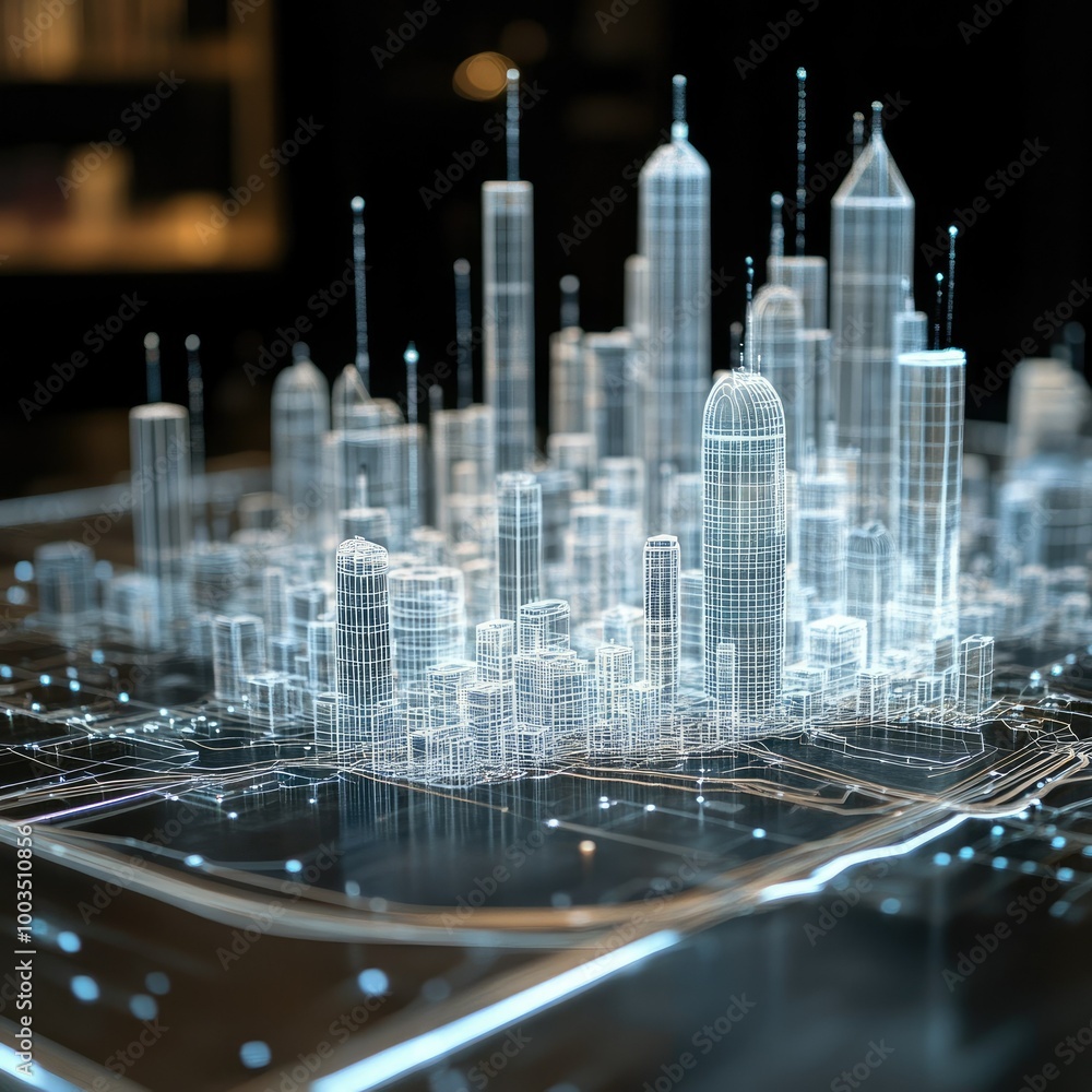 Poster holographic 3d model of a city with data points, representing smart city development and tech integr